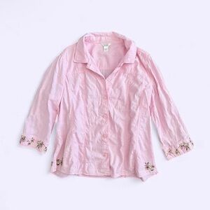 2009 christopher & banks pink floral embroidered button up linen blend xl